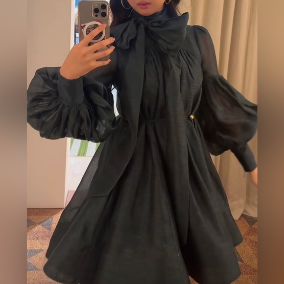 ZIMMERMANN Linen Silk Tie Neck Mini Dress Size - Picture 14 of 16